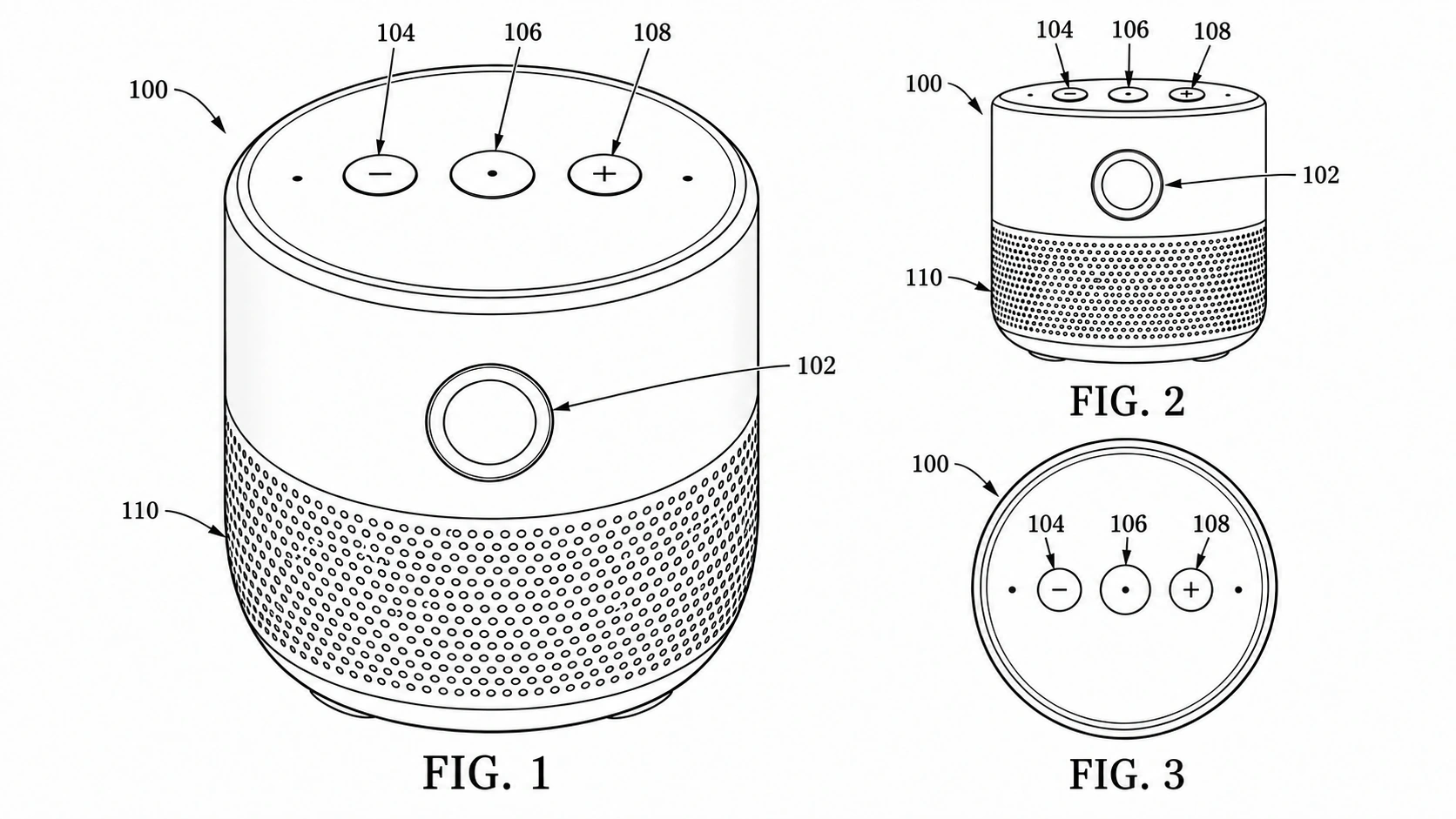 Smart speaker patent illustration with perspective, front, and top views