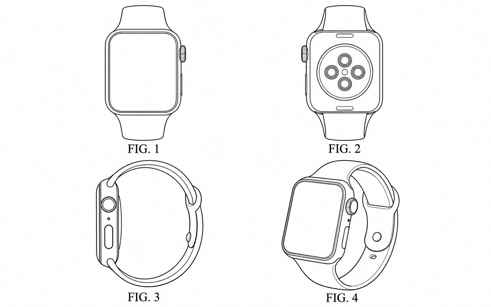 Smartwatch patent line art with front, rear, side, and perspective views